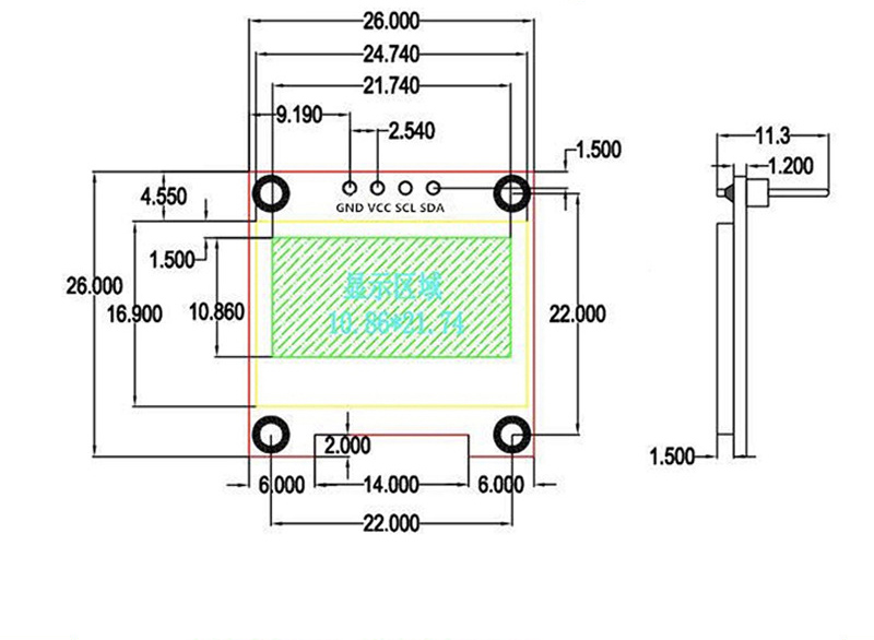 0.96 inch oled module technical drewing